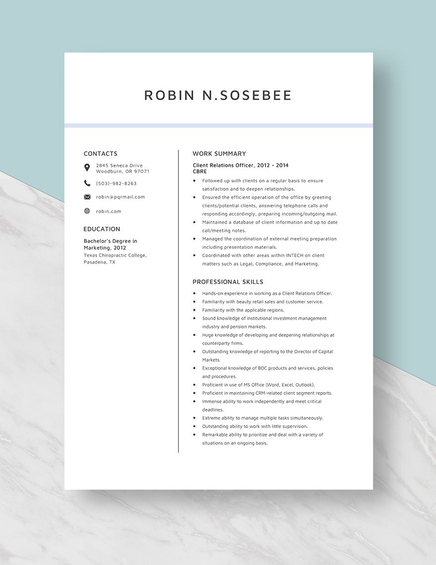 Client Relations Officer Resume