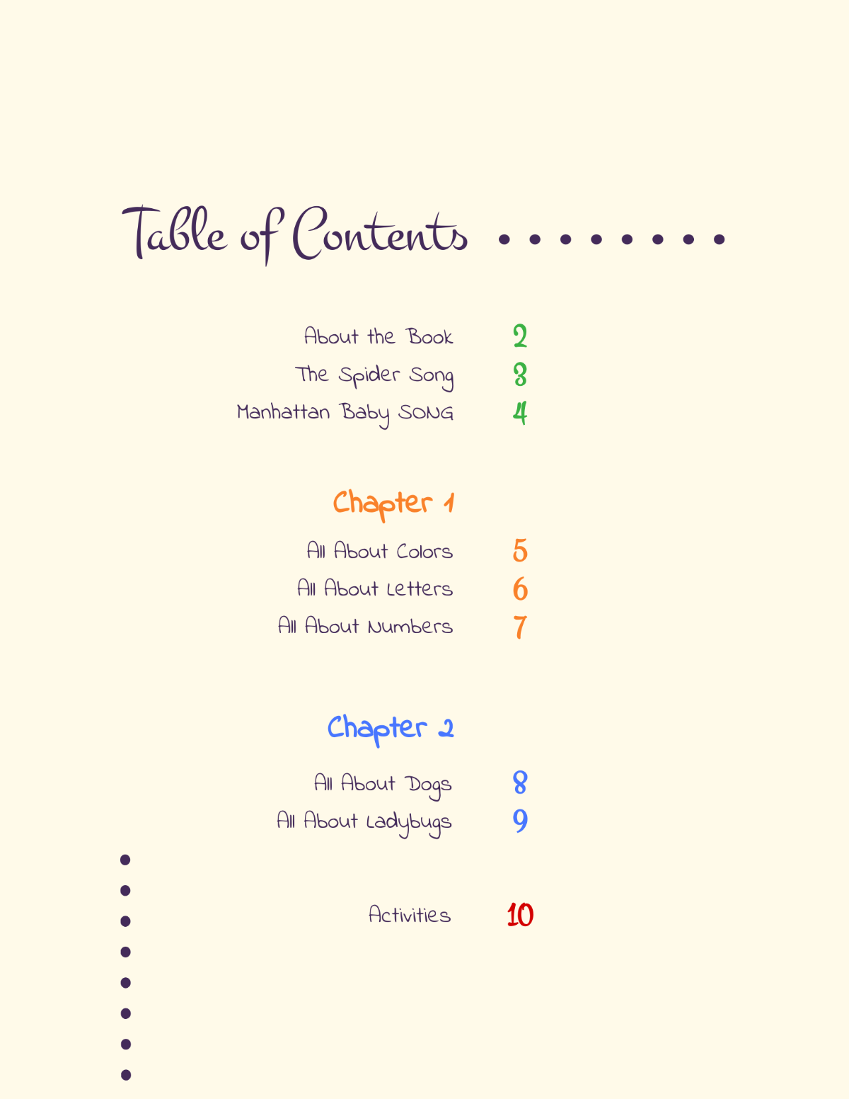 Kids Table Of Contents Template