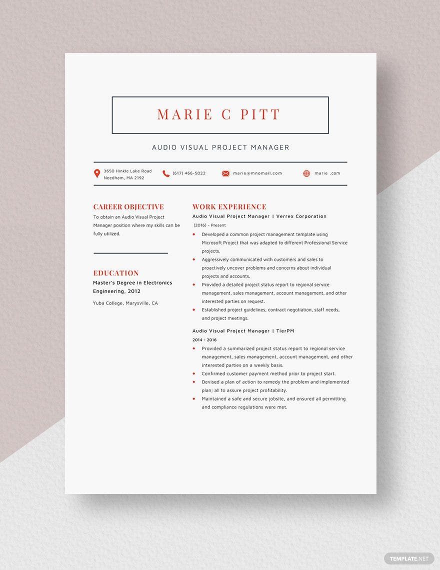 Audio Visual Project Manager Resume in Word, Apple Pages