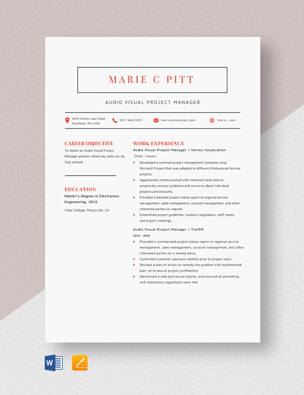 Audio Visual Project manager Resume
