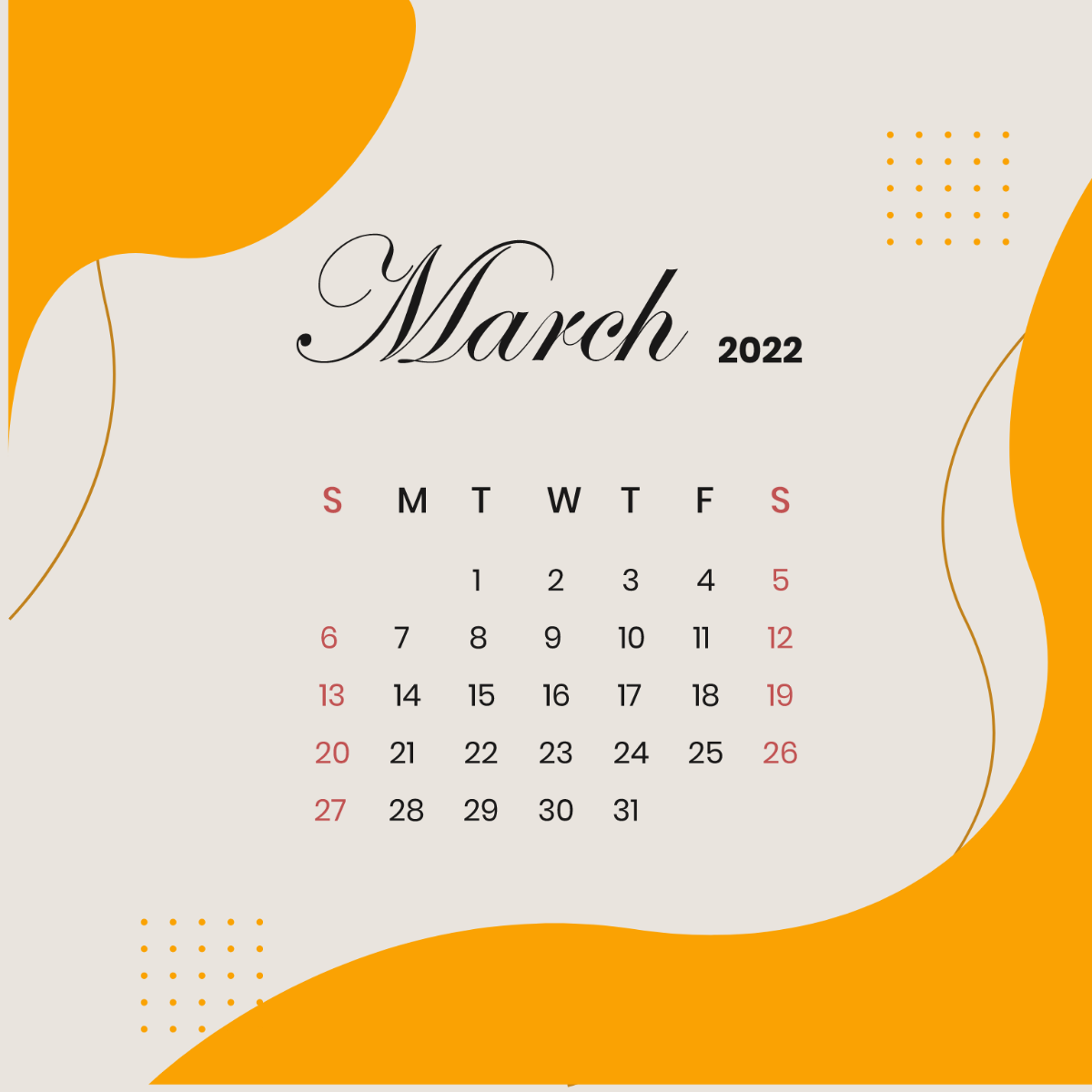 Monthly March 2022 Calendar Vector Template