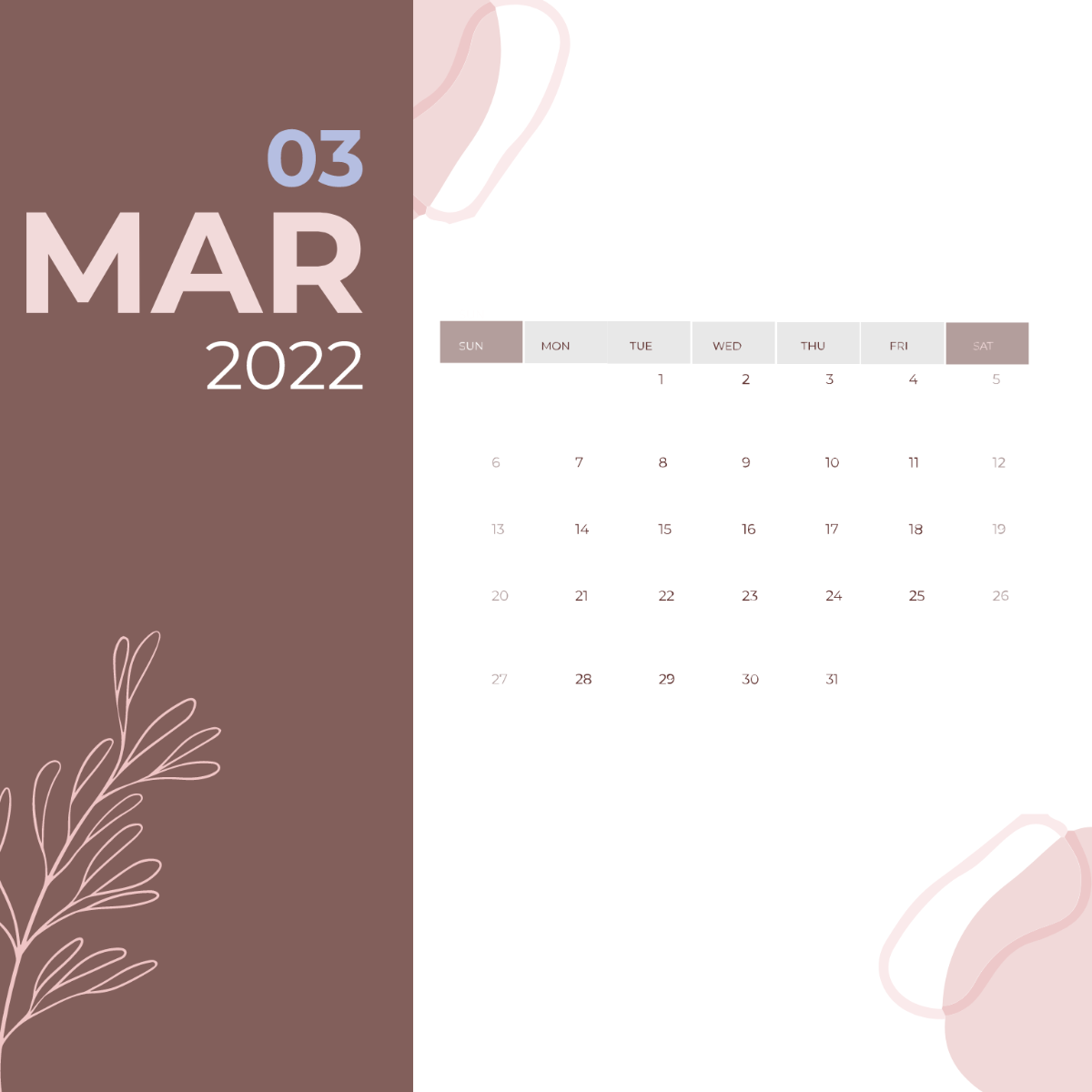 Transparent March 2022 Calendar Vector Template