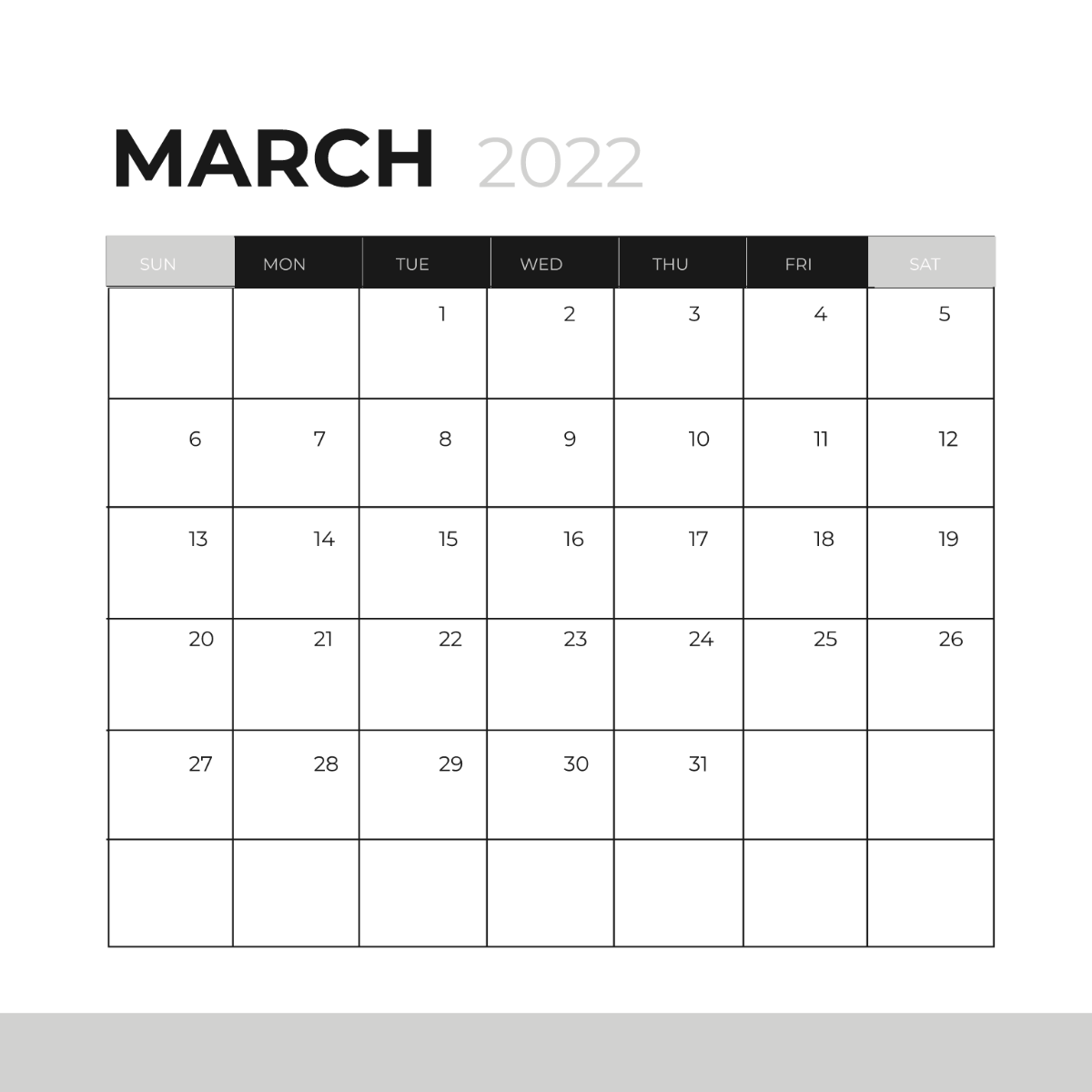 Black and White March Calendar Vector Template