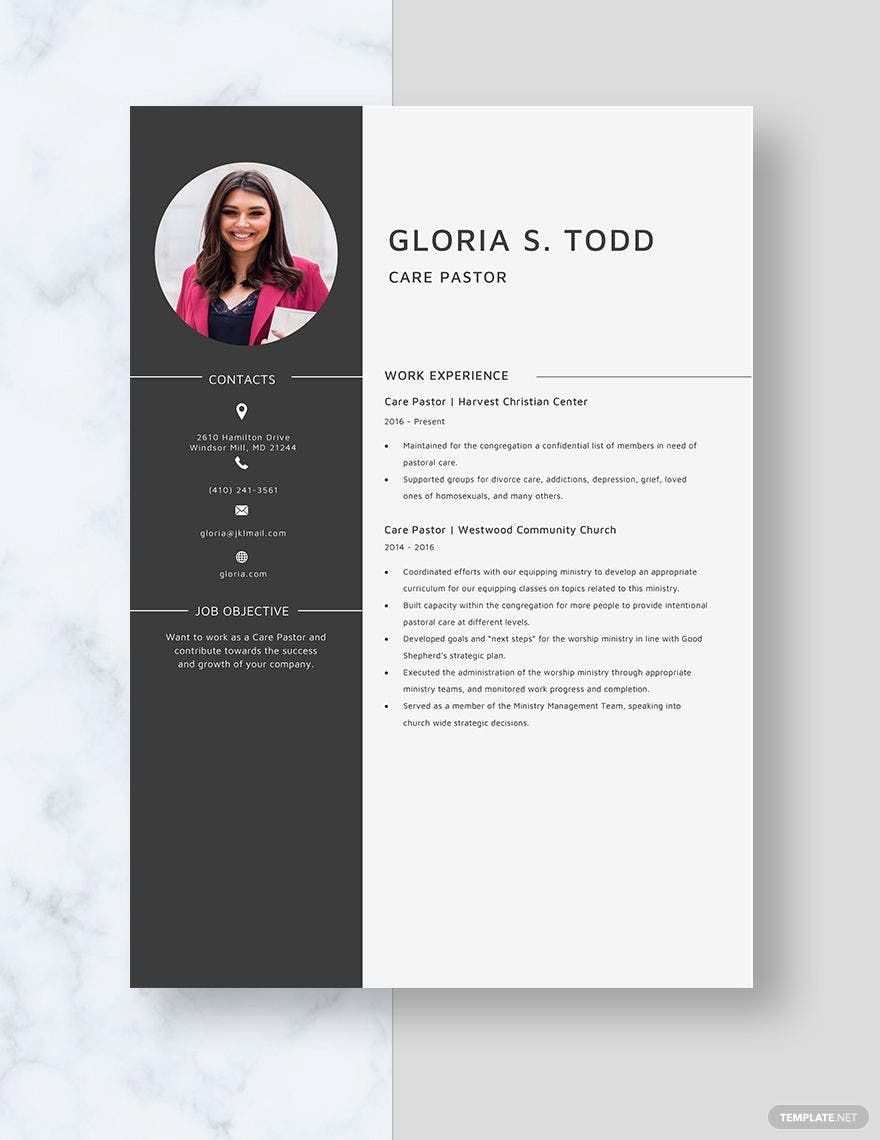 Care Pastor Resume in Word, Apple Pages