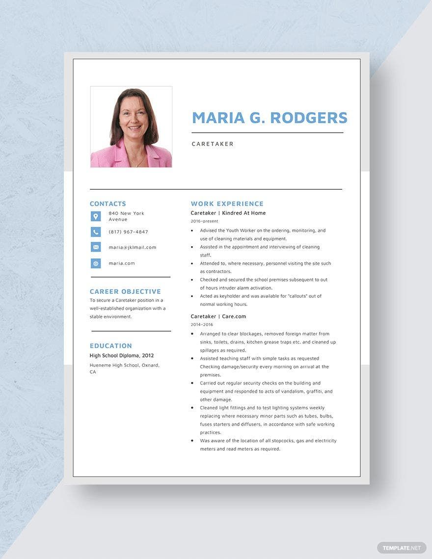 Free Care Taker Resume in Word, Apple Pages
