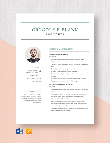 Care Worker Resume Template - Word, Apple Pages