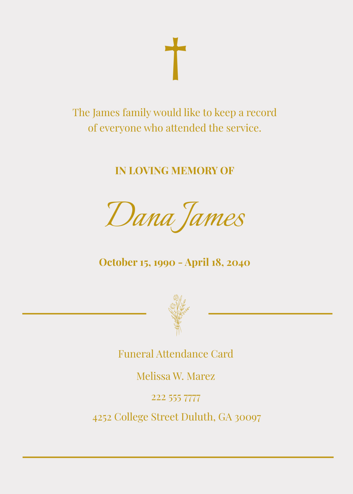 Simple Funeral Attendance Card
