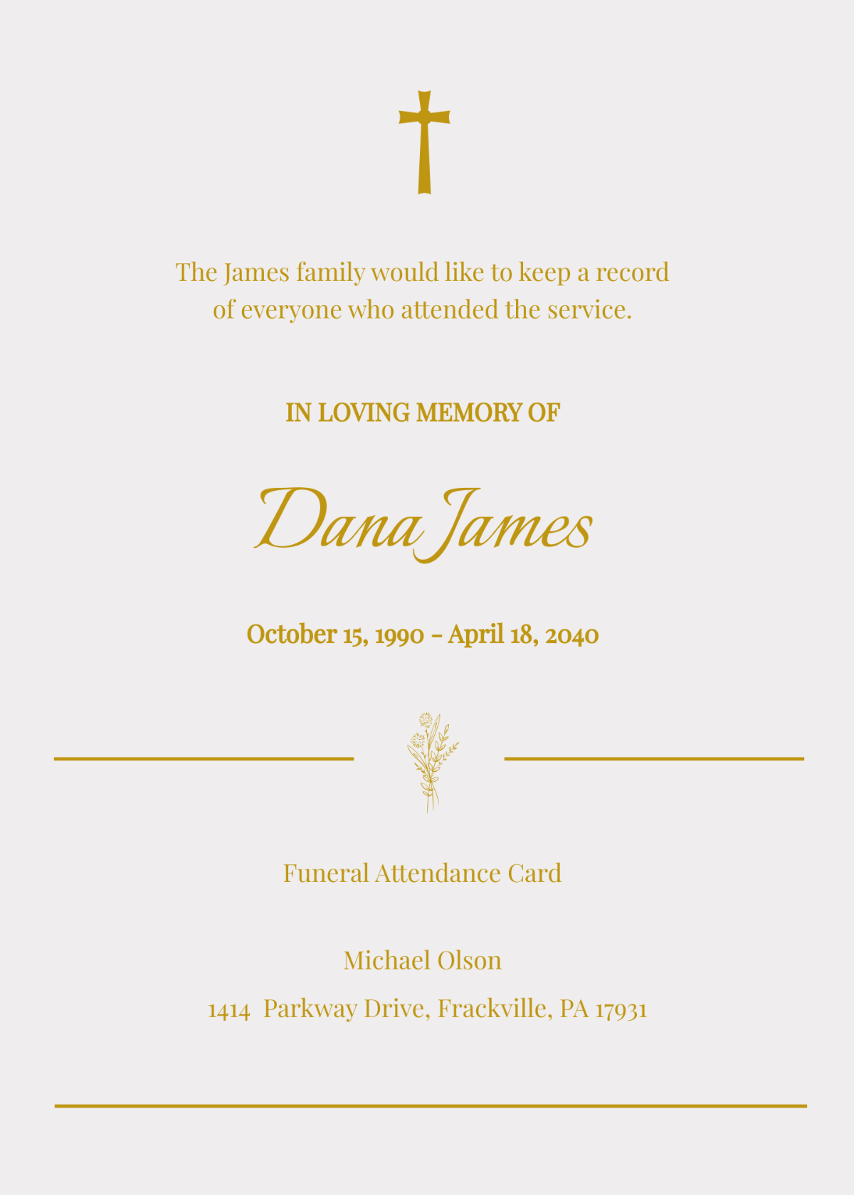 Simple Funeral Attendance Card Template