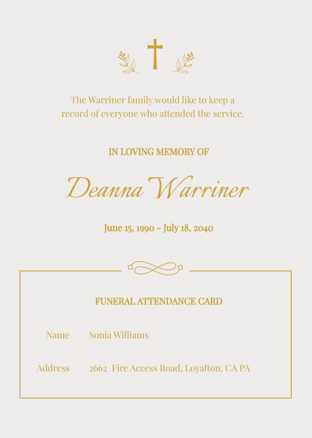 Elegant Funeral Attendance Card Template
