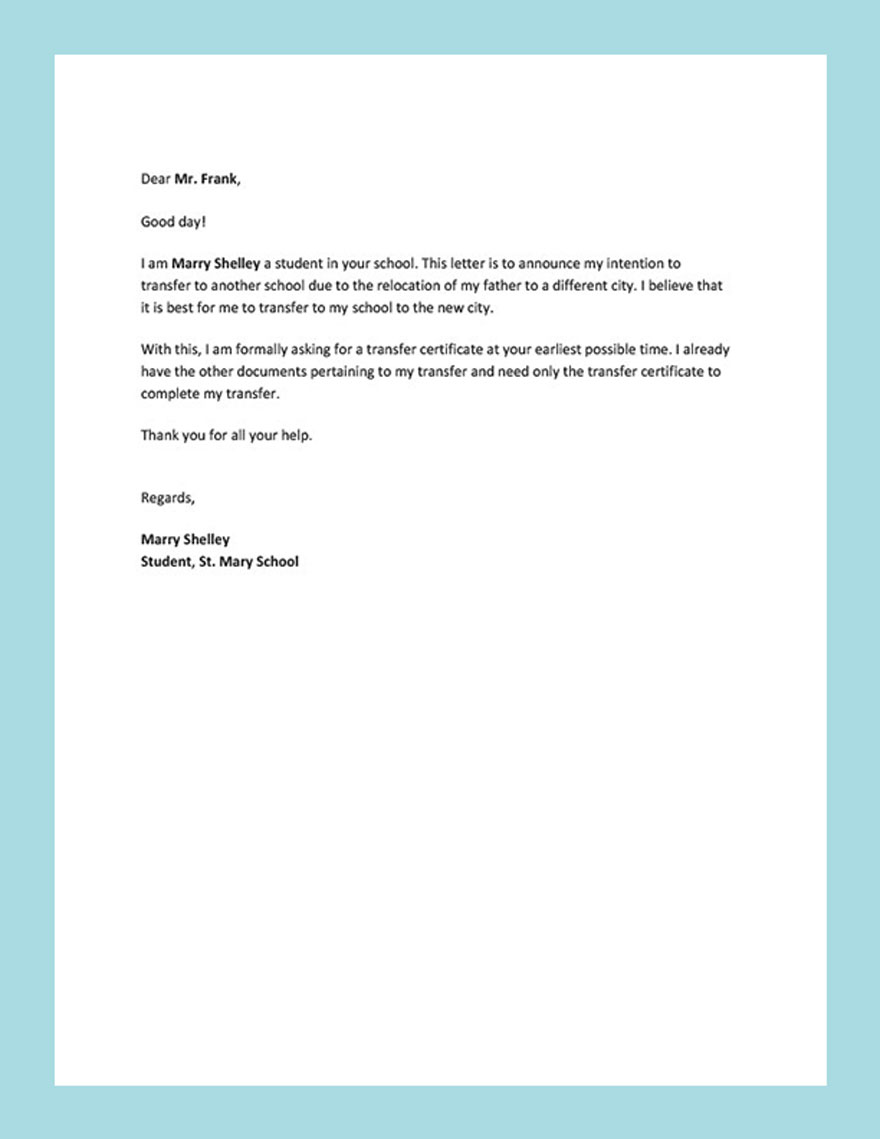 School Transfer Request Letter Template - Google Docs, Word | Template.net