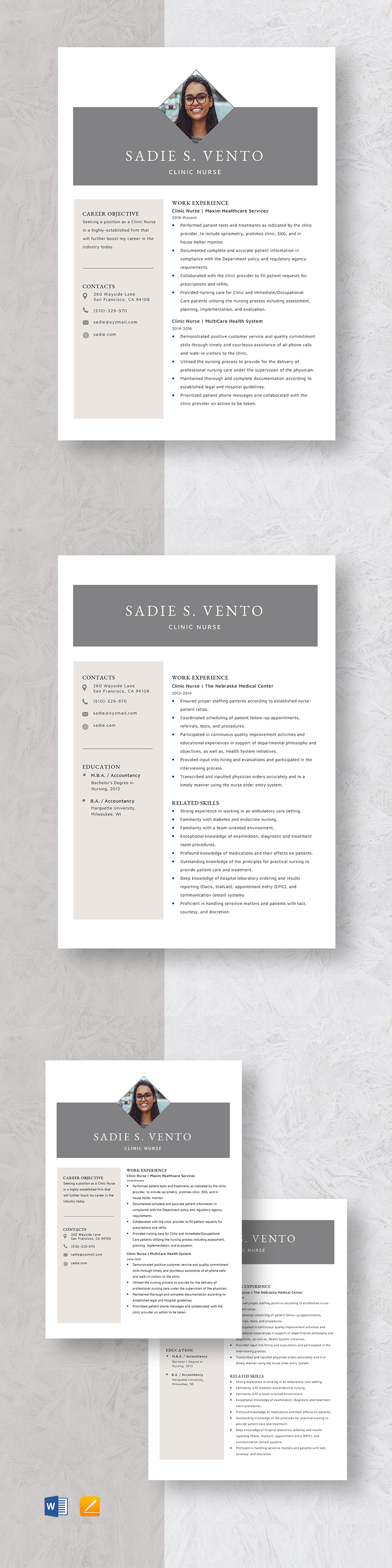 Clinic Nurse Resume Template Word, Apple Pages