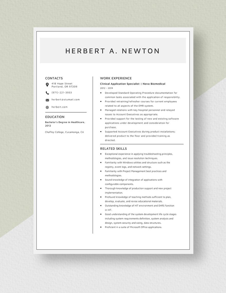 Clinical Application Specialist Resume