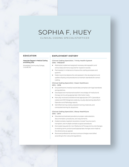 Clinical Coding specialist Resume Template