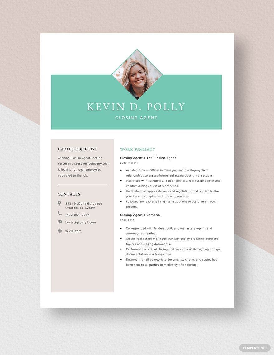 Free Closing Agent Resume in Word, Apple Pages