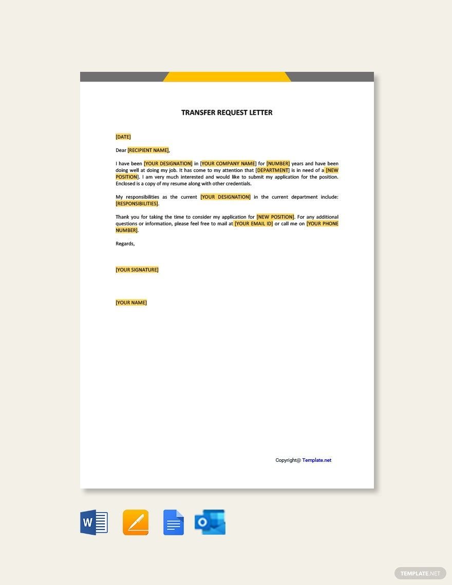 Transfer Request Letter in Word, Google Docs, PDF, Apple Pages