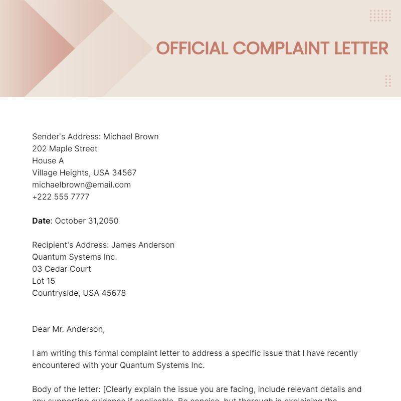 Free Official Complaint Letter