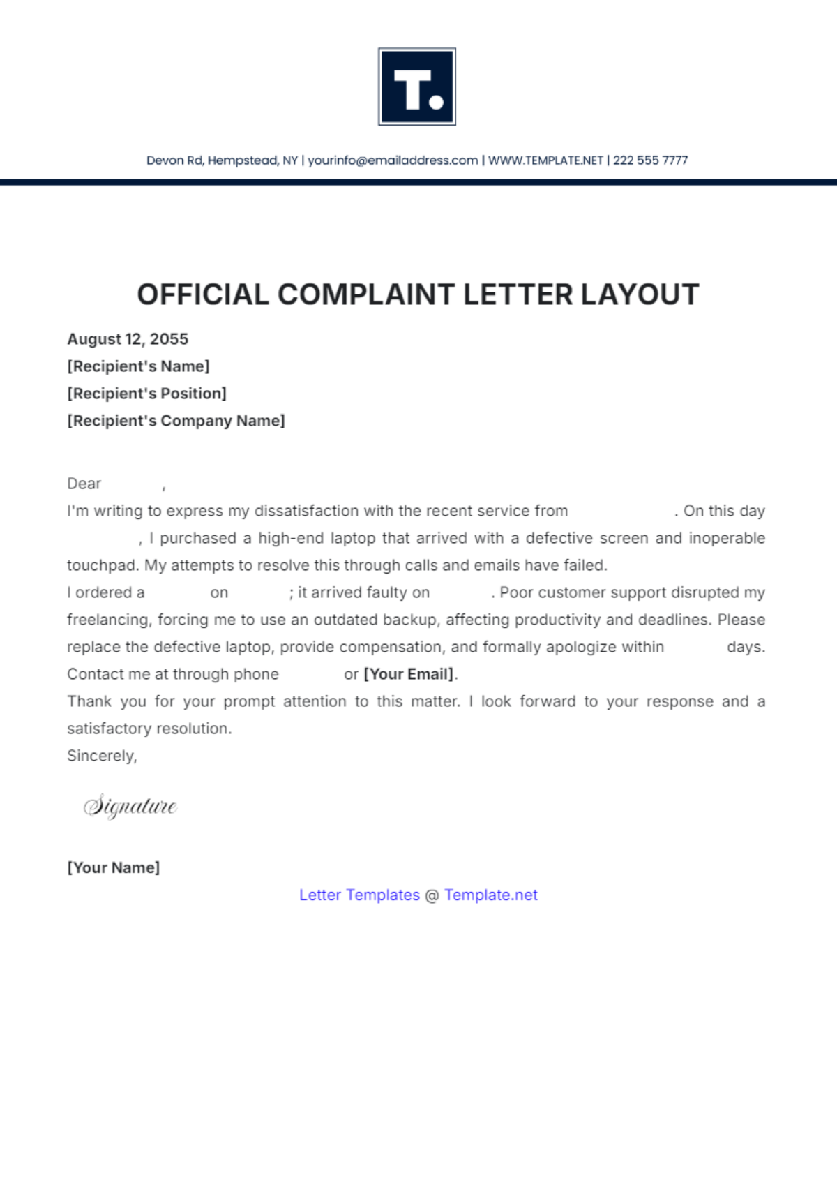 Official Complaint Letter Layout Template - Edit Online & Download