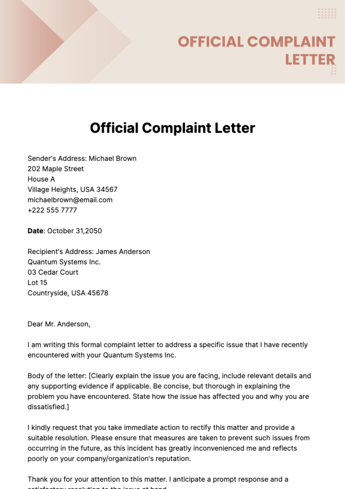 Free Official Complaint Letter Template