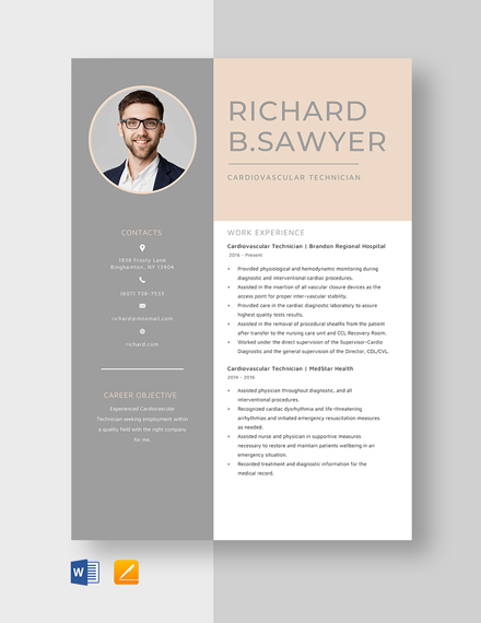 Cardiovascular Technician Resume Template - Word, Apple Pages
