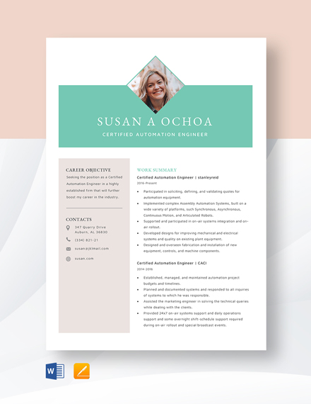 Free Certified Automation Engineer Resume Template - Word, Apple Pages