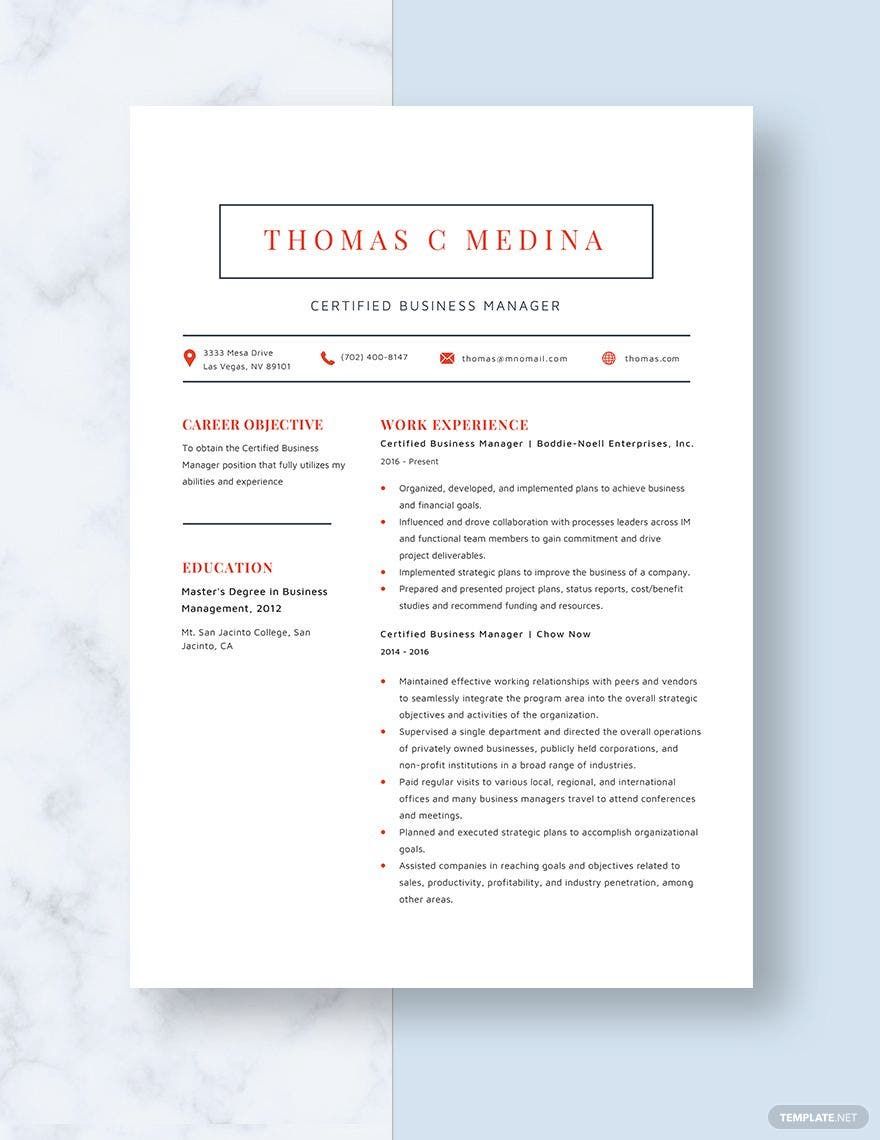 Certified Business Manager Resume Template