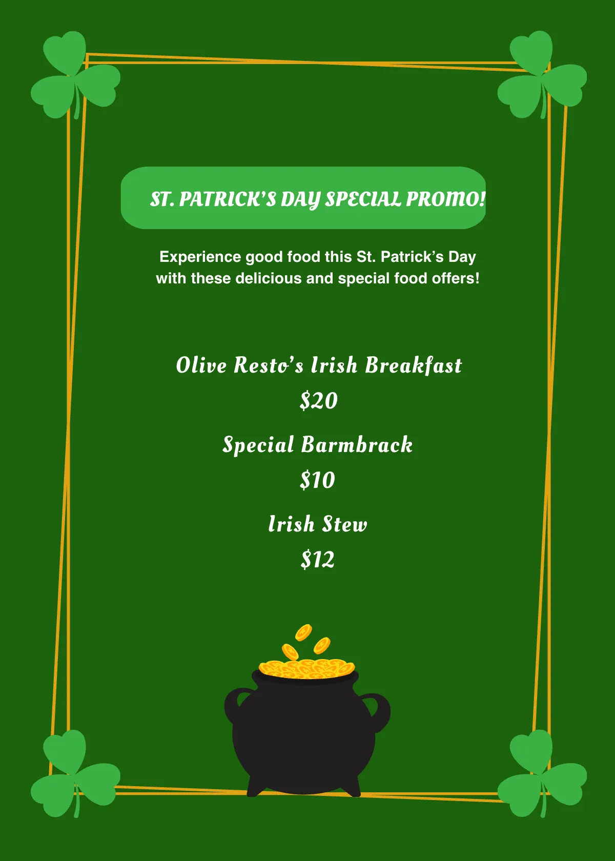 Free St Patricks Day Specials Table Tent Template to Edit Online