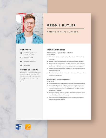 Administrative Support Resume Template - Word, Apple Pages