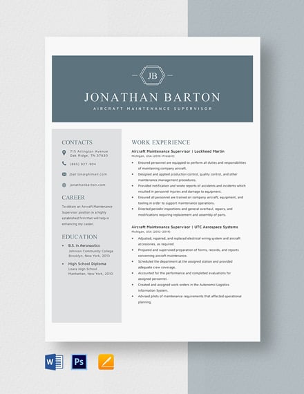 Aircraft Maintenance Supervisor Resume Template - Word ...