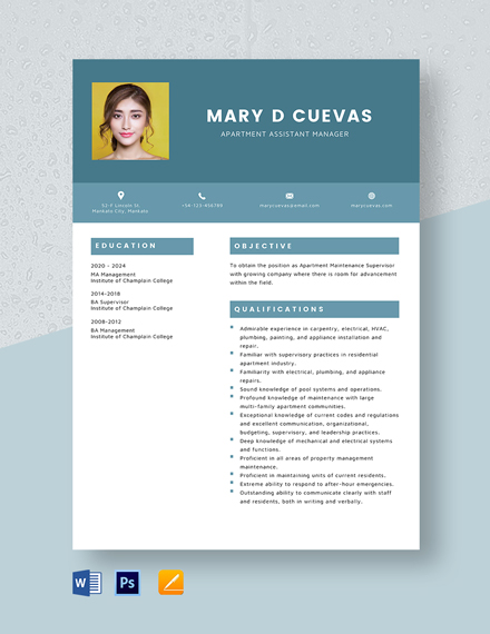 Free Apartment Assistant Manager Resume Template - Word, Apple Pages