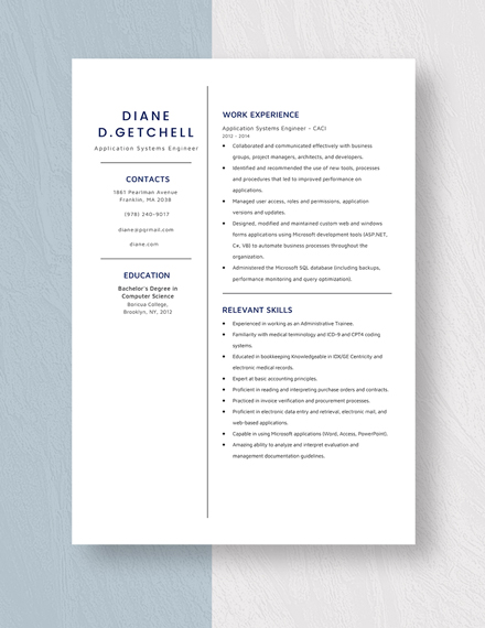 Application Systems Engineer Resume Template