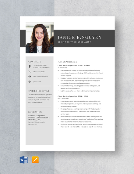 Client Service Specialist Resume Template - Word, Apple Pages
