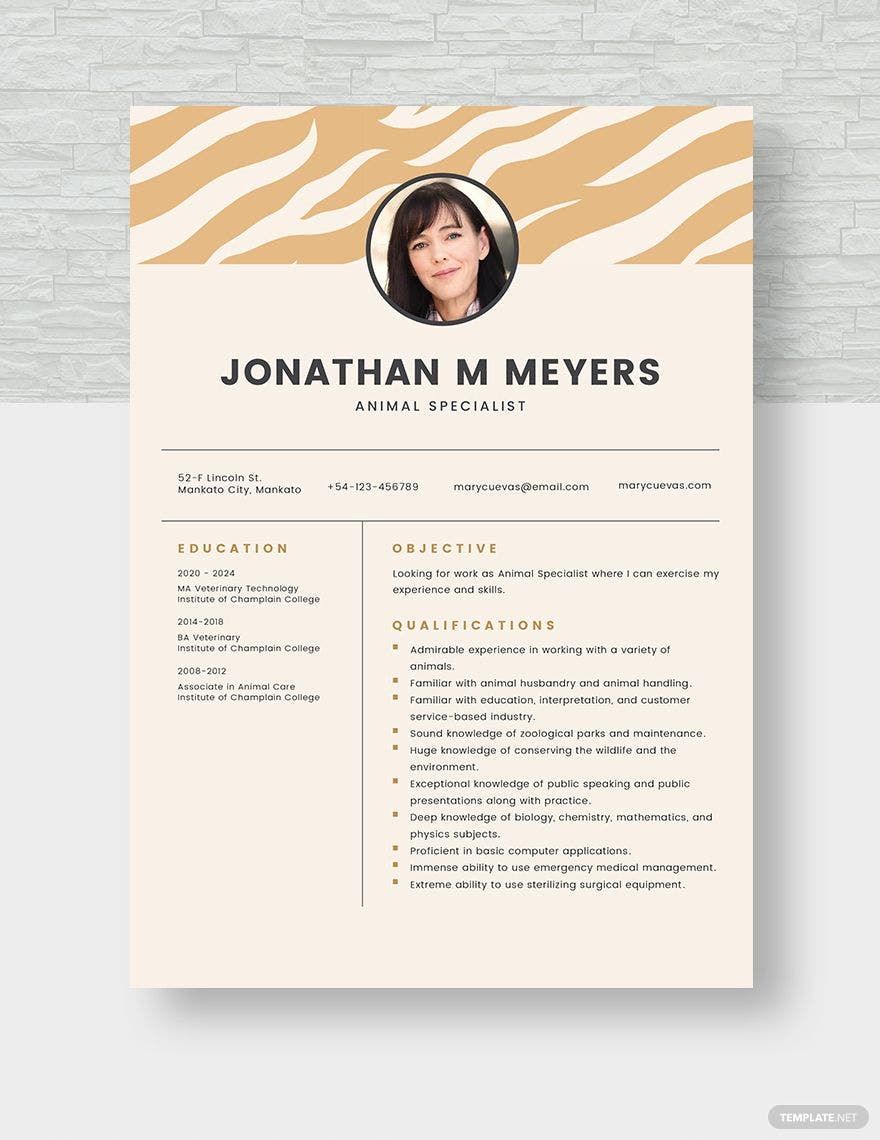 Animal Specialist Resume Template - Word, Apple Pages, PSD 