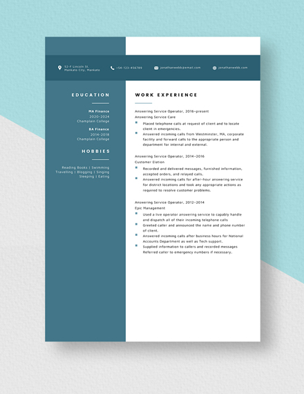 Answering Service Operator Resume Template