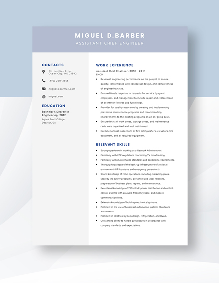 Assistant Chief Engineer Resume Template