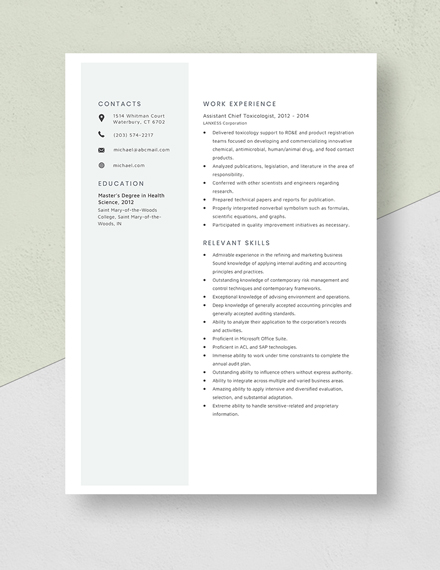 Assistant Chief Toxicologist Resume Template