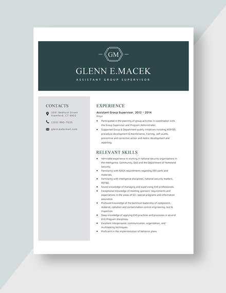 Assistant Group Supervisor Resume Template