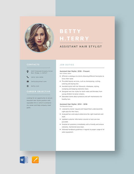 Assistant Hair Stylist Resume Template - Word, Apple Pages