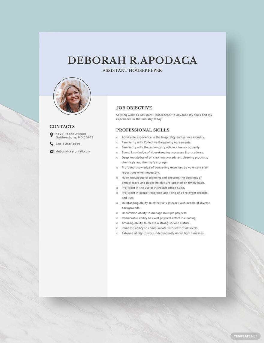 Free Assistant House Keeper Resume in Word, Apple Pages