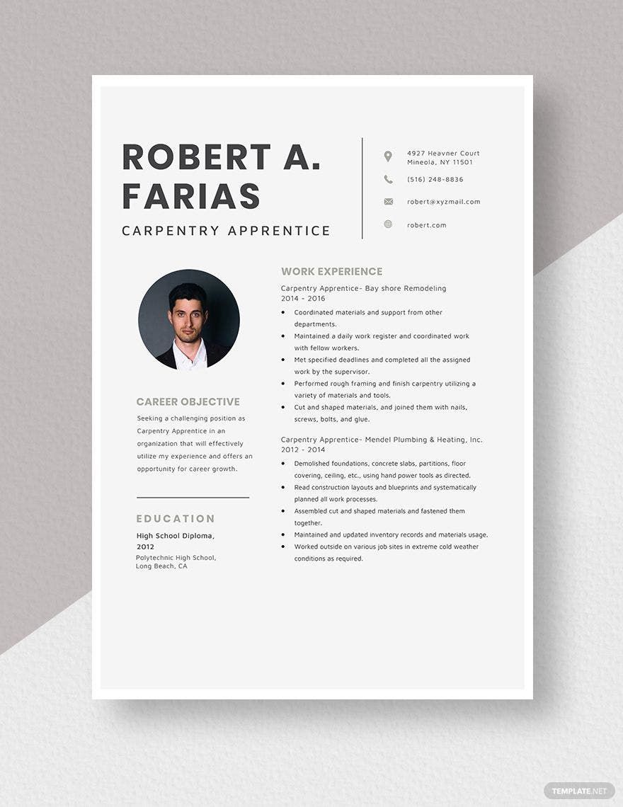 Carpentry Apprentice Resume in Word, Apple Pages