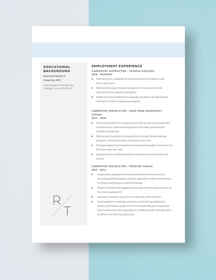 Carpentry Instructor Resume Template