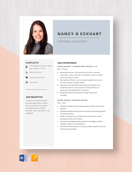 Free Casting Assistant Resume Template - Word, Apple Pages