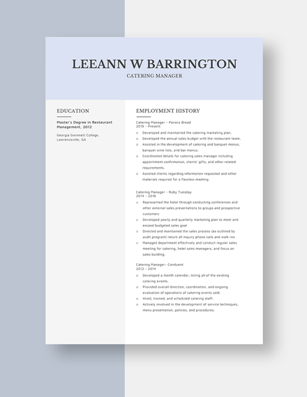 Catering Manager Resume Template
