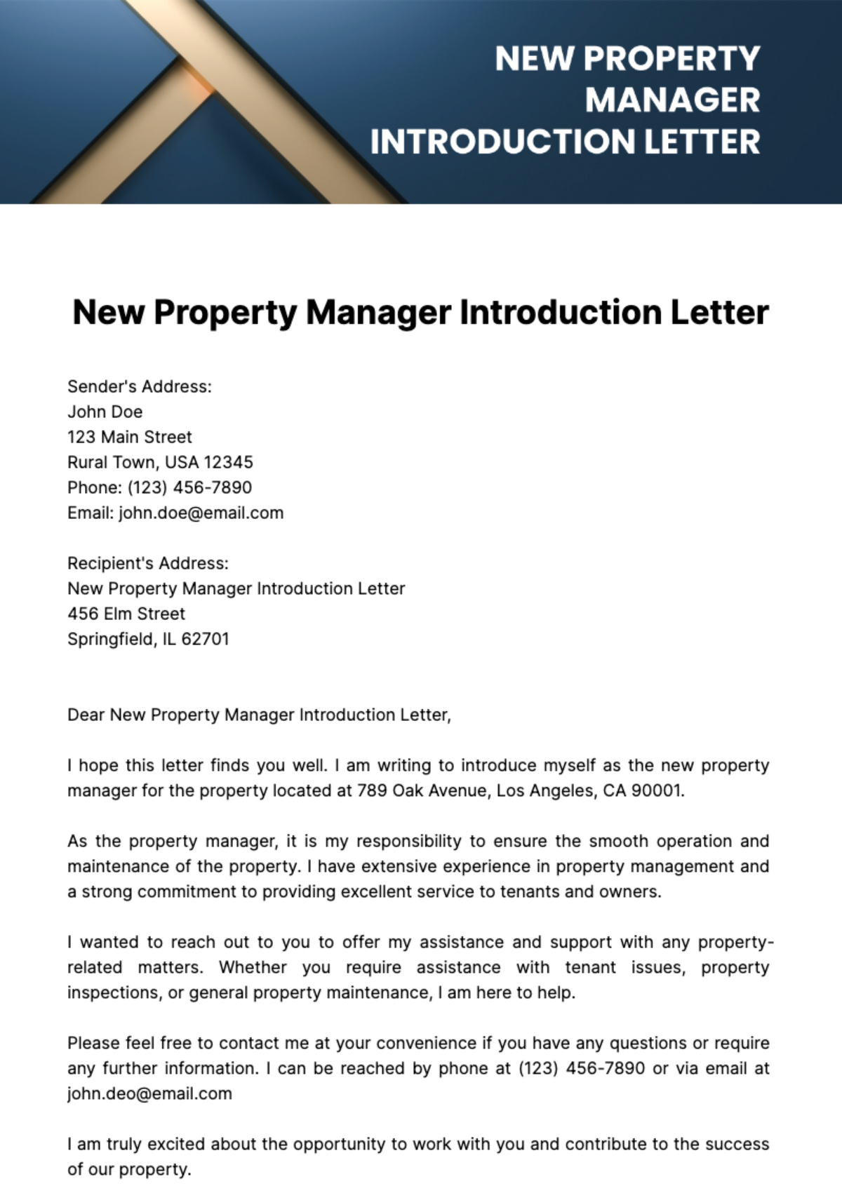Free New Property Manager Introduction Letter Template