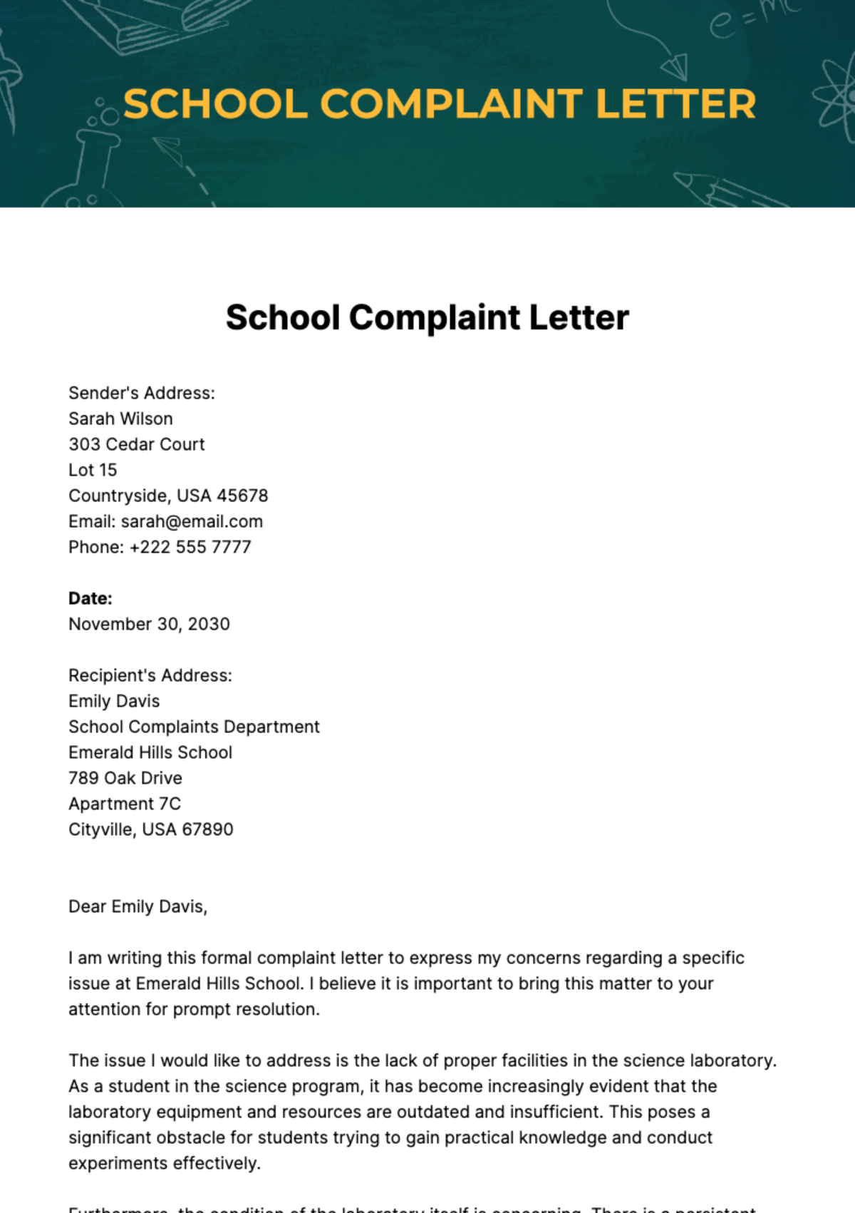 School Complaint Letter Template