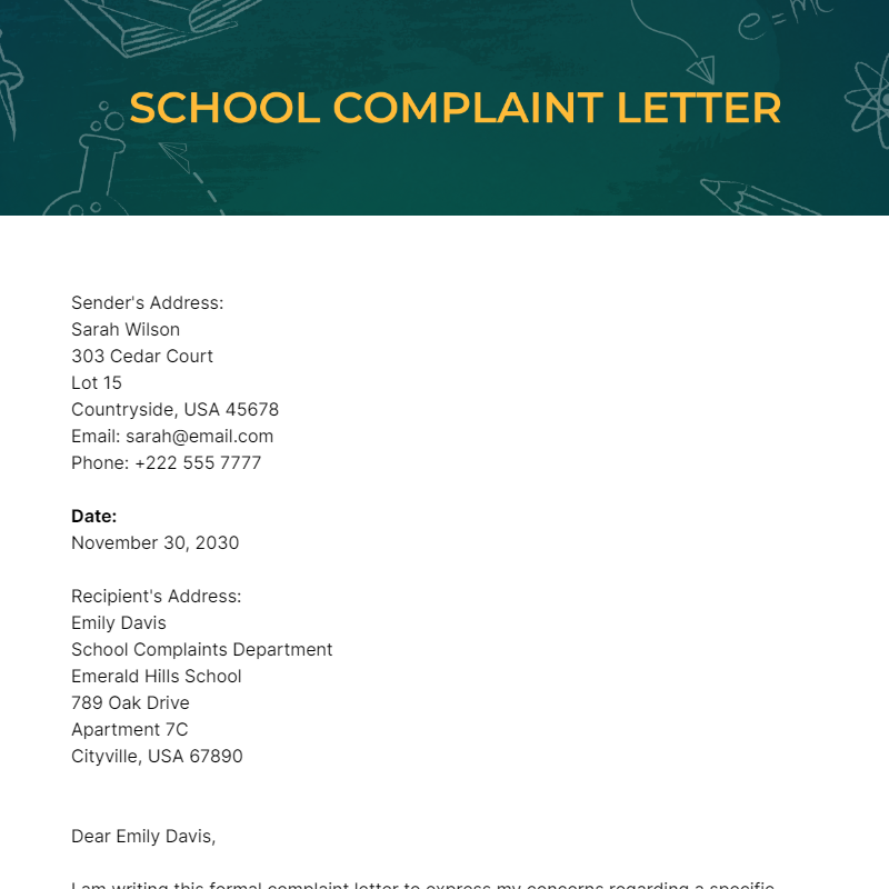 Free School Complaint Letter