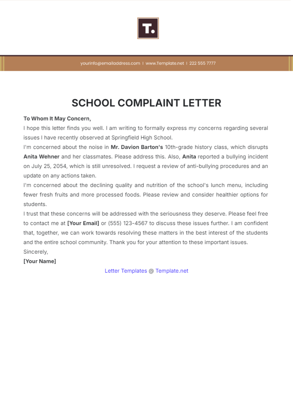 Simple Complaint Letter to School Template - Edit Online & Download