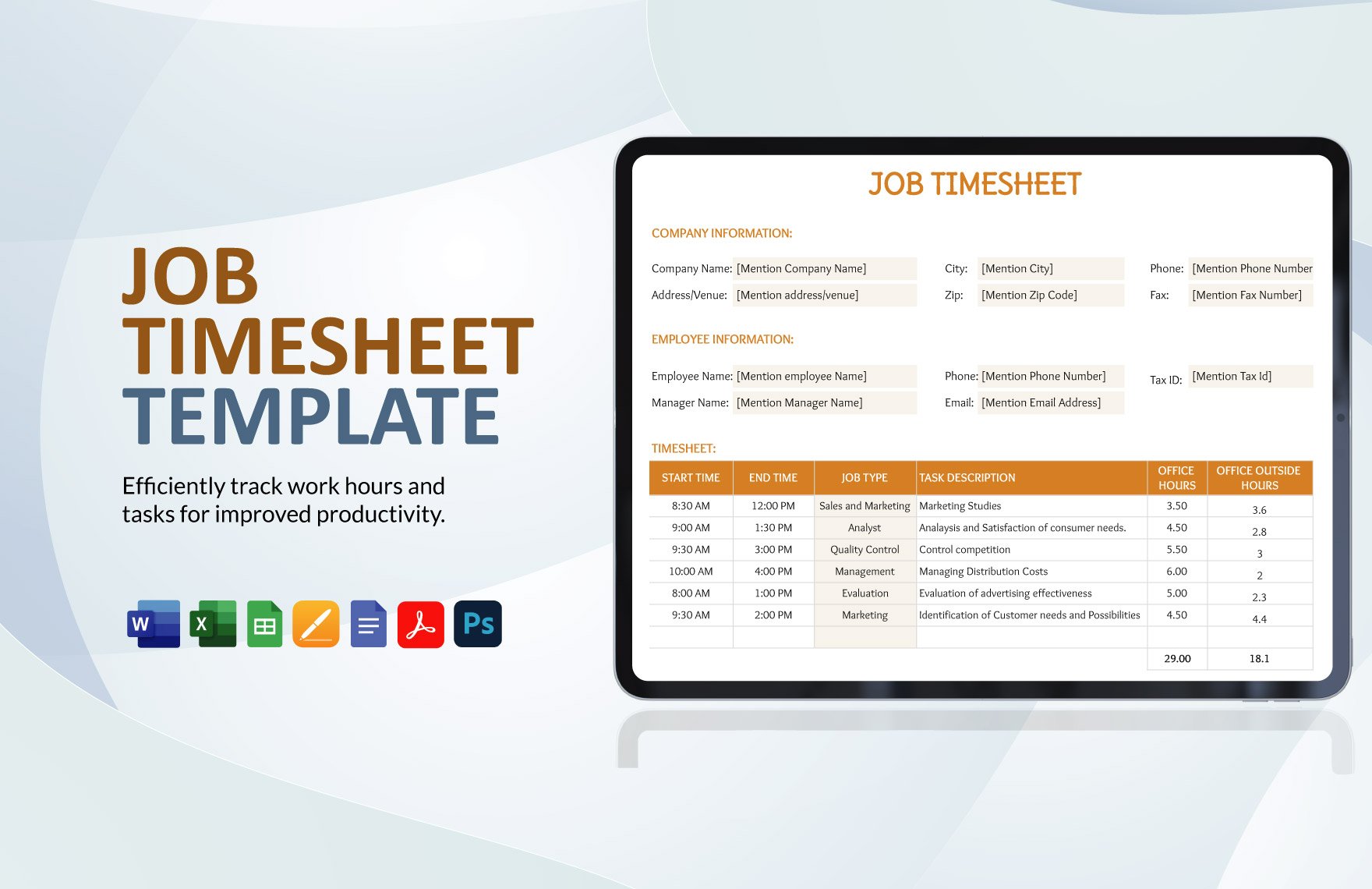 Job Timesheet Template in Word, Google Docs, Excel, PDF, Google Sheets, PSD, Apple Pages