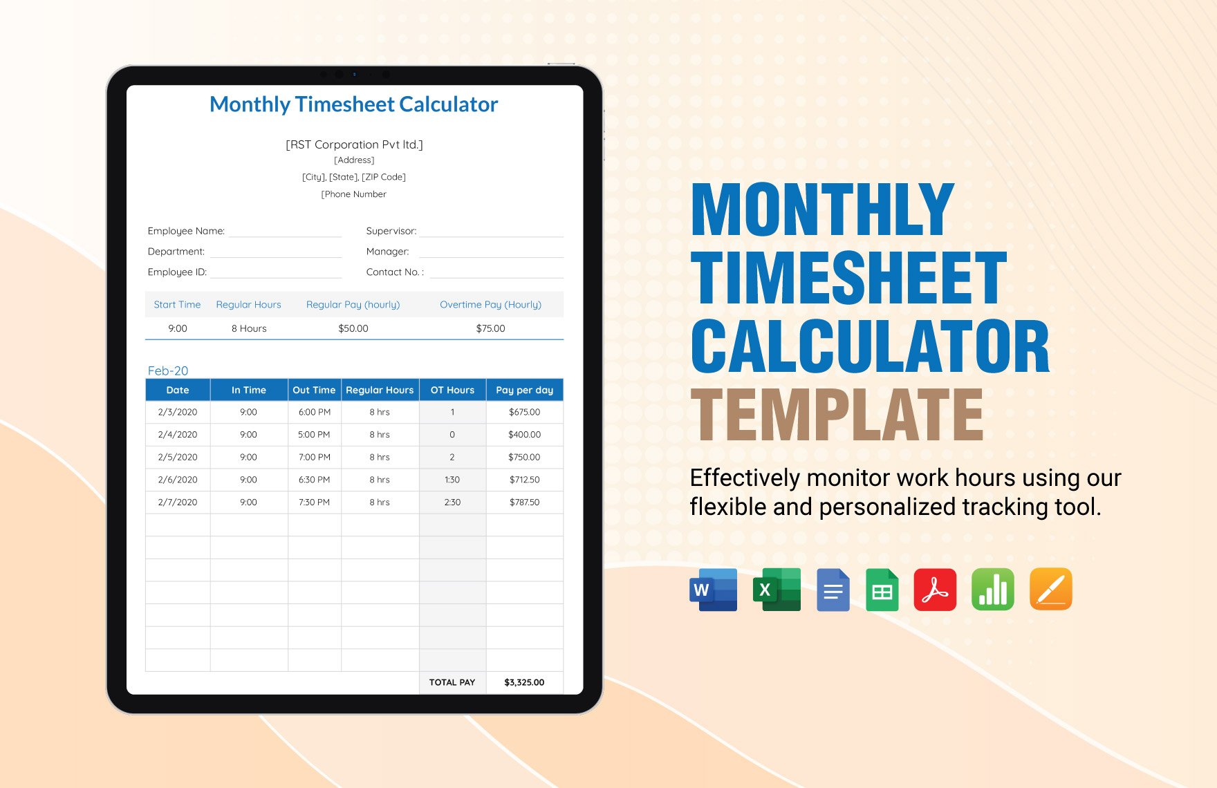 Monthly Timesheet Calculator Template in Word, Google Docs, Excel, PDF, Google Sheets, Apple Pages, Apple Numbers