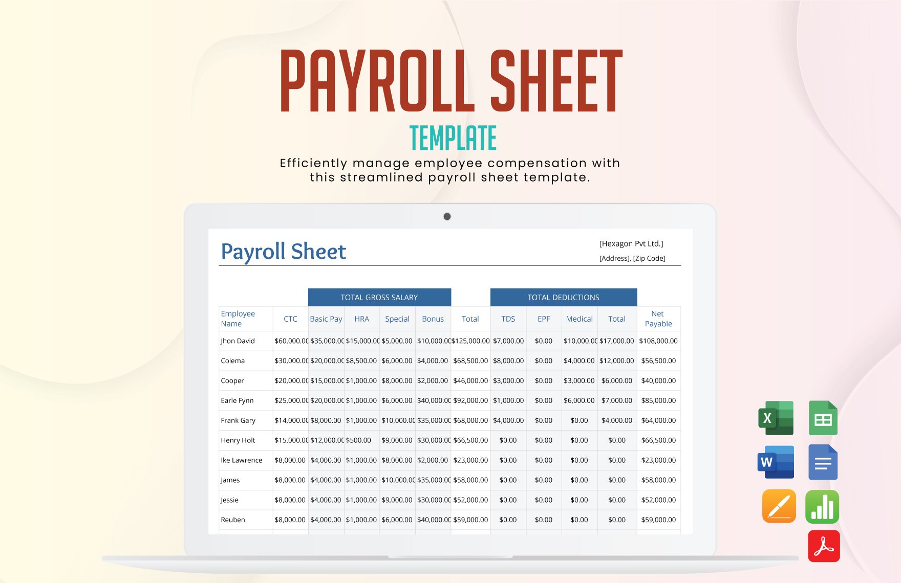 Free Payroll Sheet Template in Word, Google Docs, Excel, PDF, Google Sheets, Apple Pages, Apple Numbers