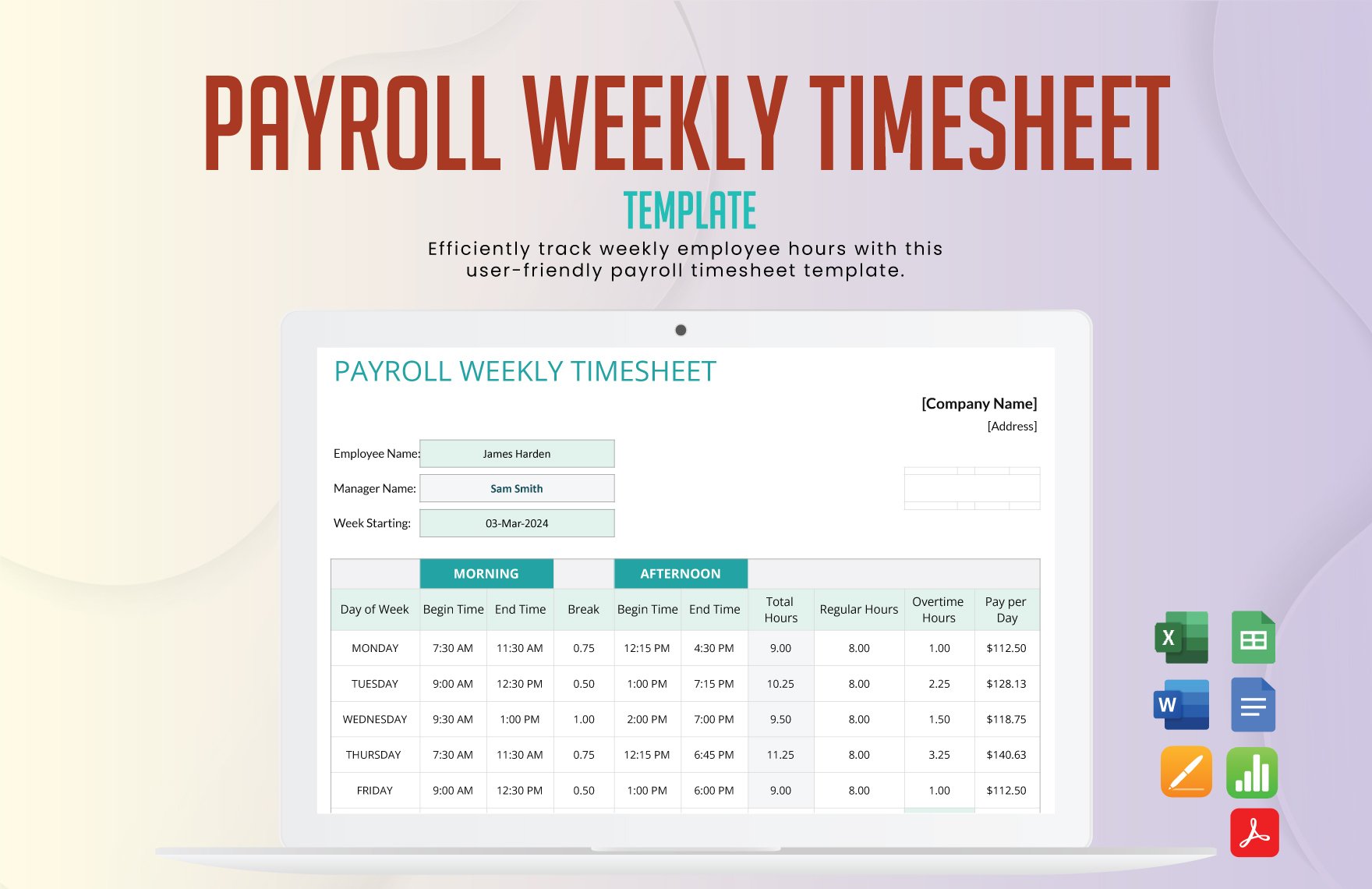 Payroll Weekly Timesheet Template in Word, Google Docs, Excel, PDF, Google Sheets, Apple Pages, Apple Numbers